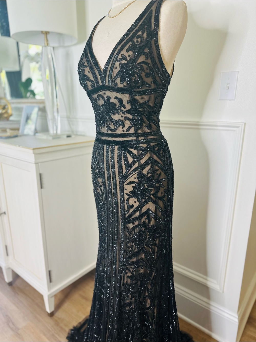 Jovani Couture Elegant Black Beaded V-Neck Evening Dress - Picture 6 of 9